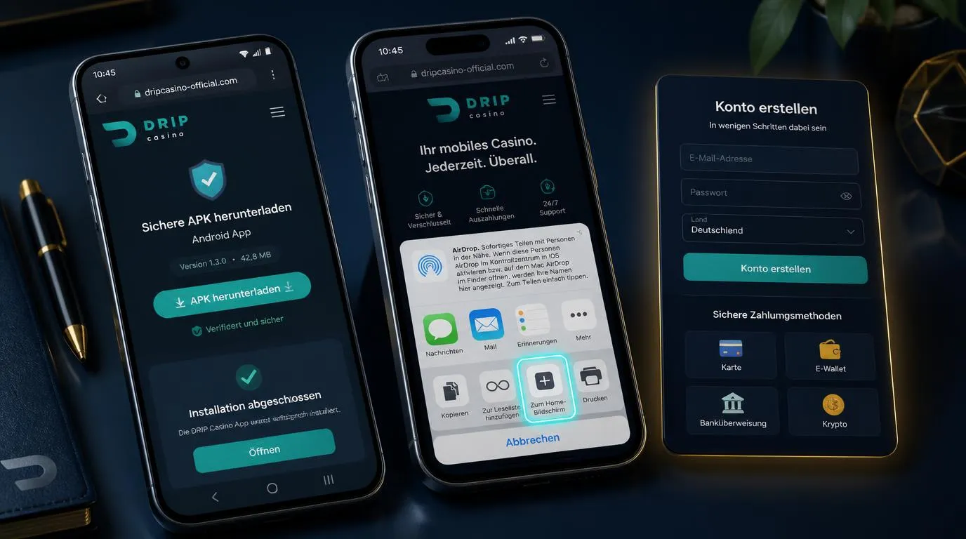 Android-Smartphone und iPhone mit Casino-Web-App, App-Download und Einzahlungsansicht