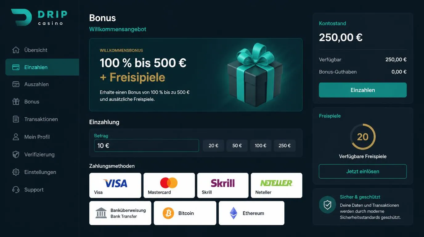 Casino-Bonusbereich mit erster Einzahlung, Bonusguthaben und Freispielen in Euro