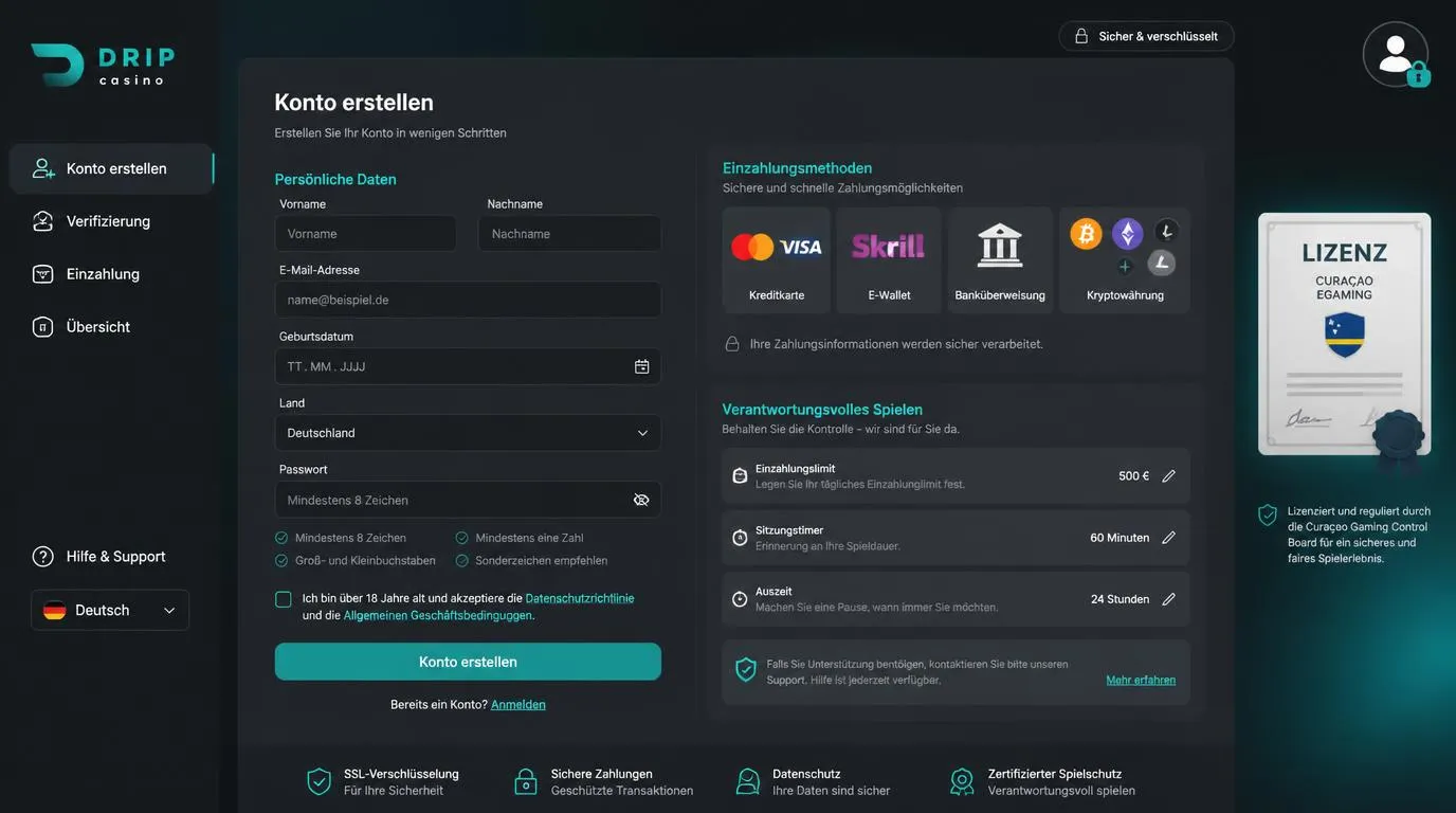 Registrierungsansicht eines Online-Casinos mit sicheren Zahlungsarten, Sprachauswahl und Kontoschutzoptionen