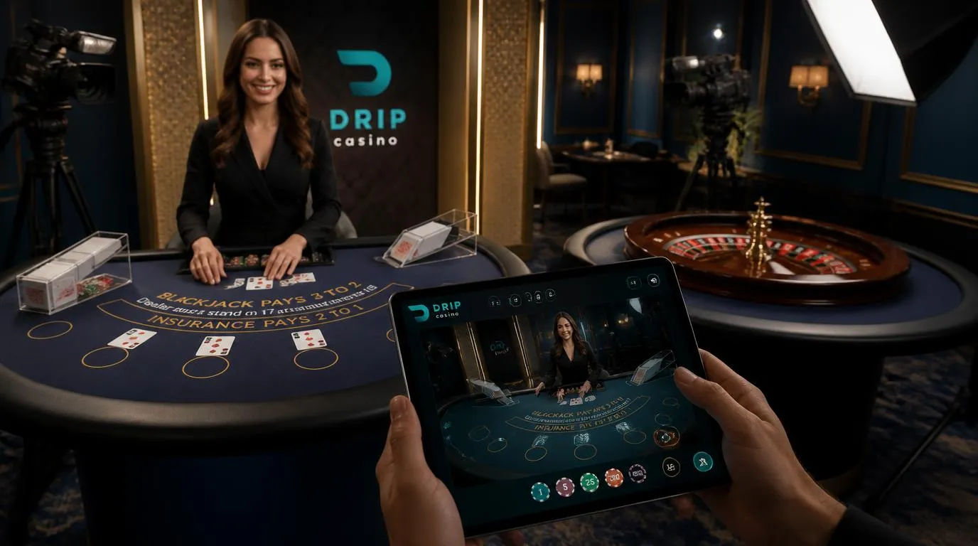 Live-Casino-Studio mit Roulettekessel, Blackjack-Tisch und professioneller Dealerin vor Kameras