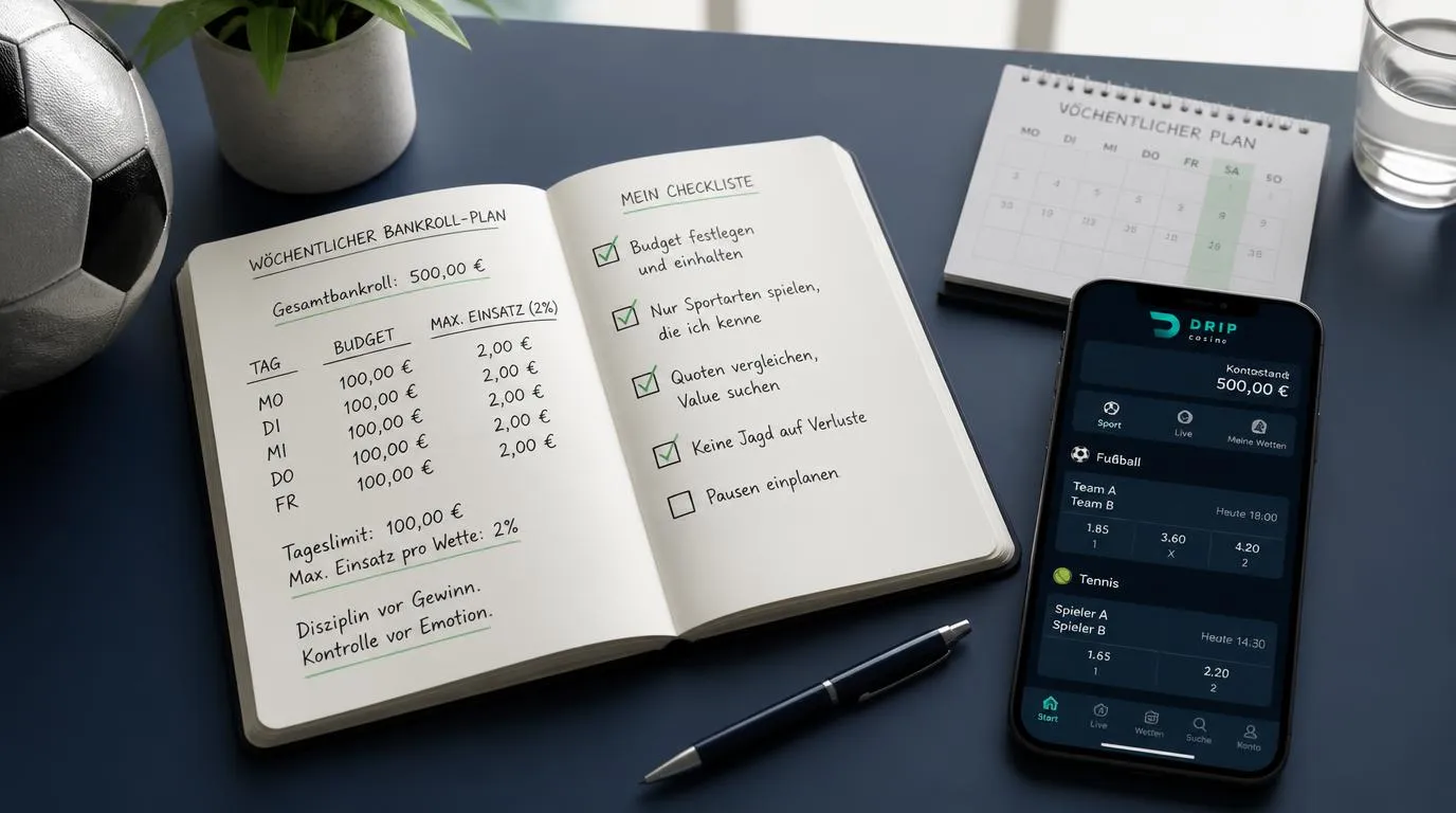 Notizbuch mit Wettbudget, Einsatzplan und Smartphone neben einem Fußball auf einem Schreibtisch