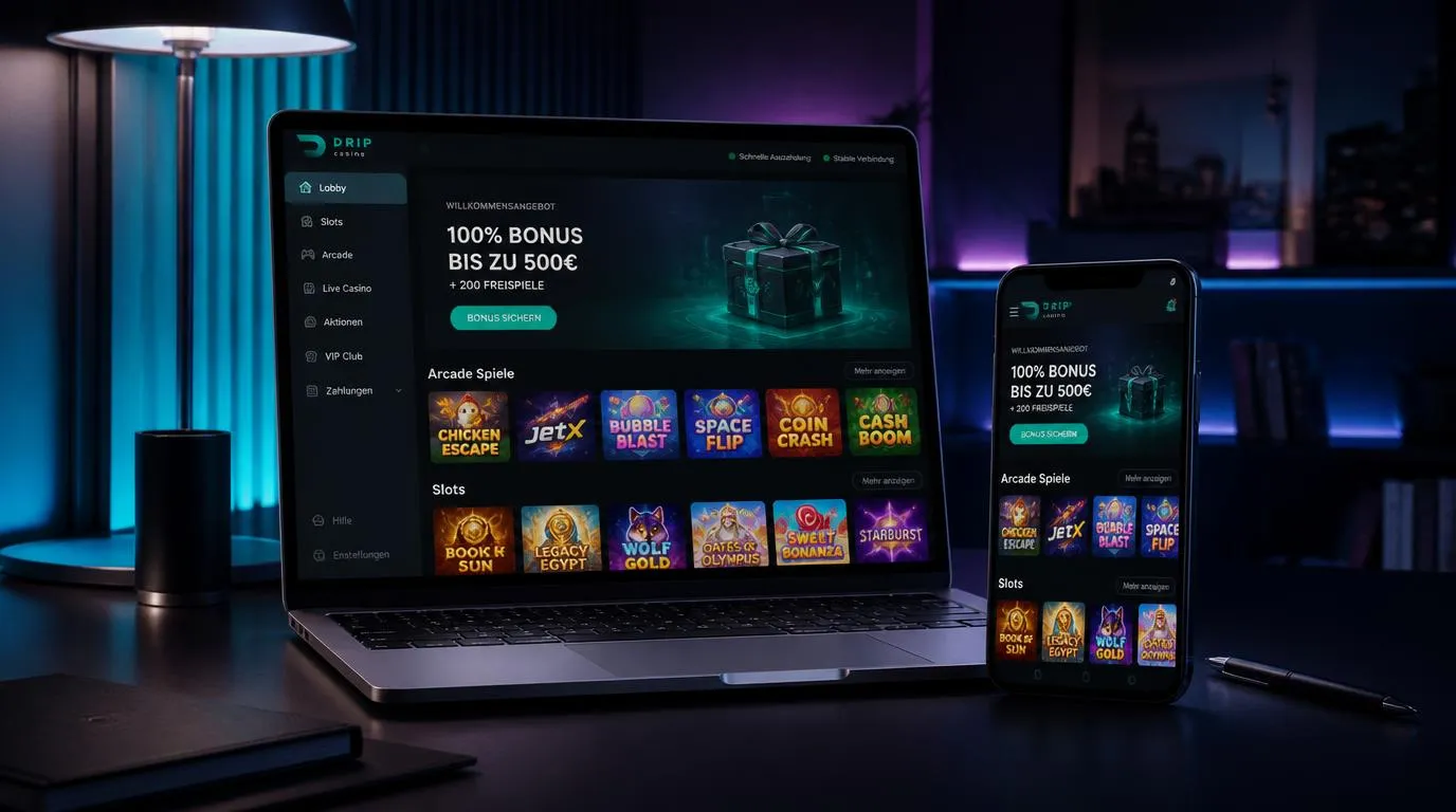 Moderne Casino-Plattform auf Laptop und Smartphone mit Spielauswahl, stabiler Verbindung und Bonusbereich