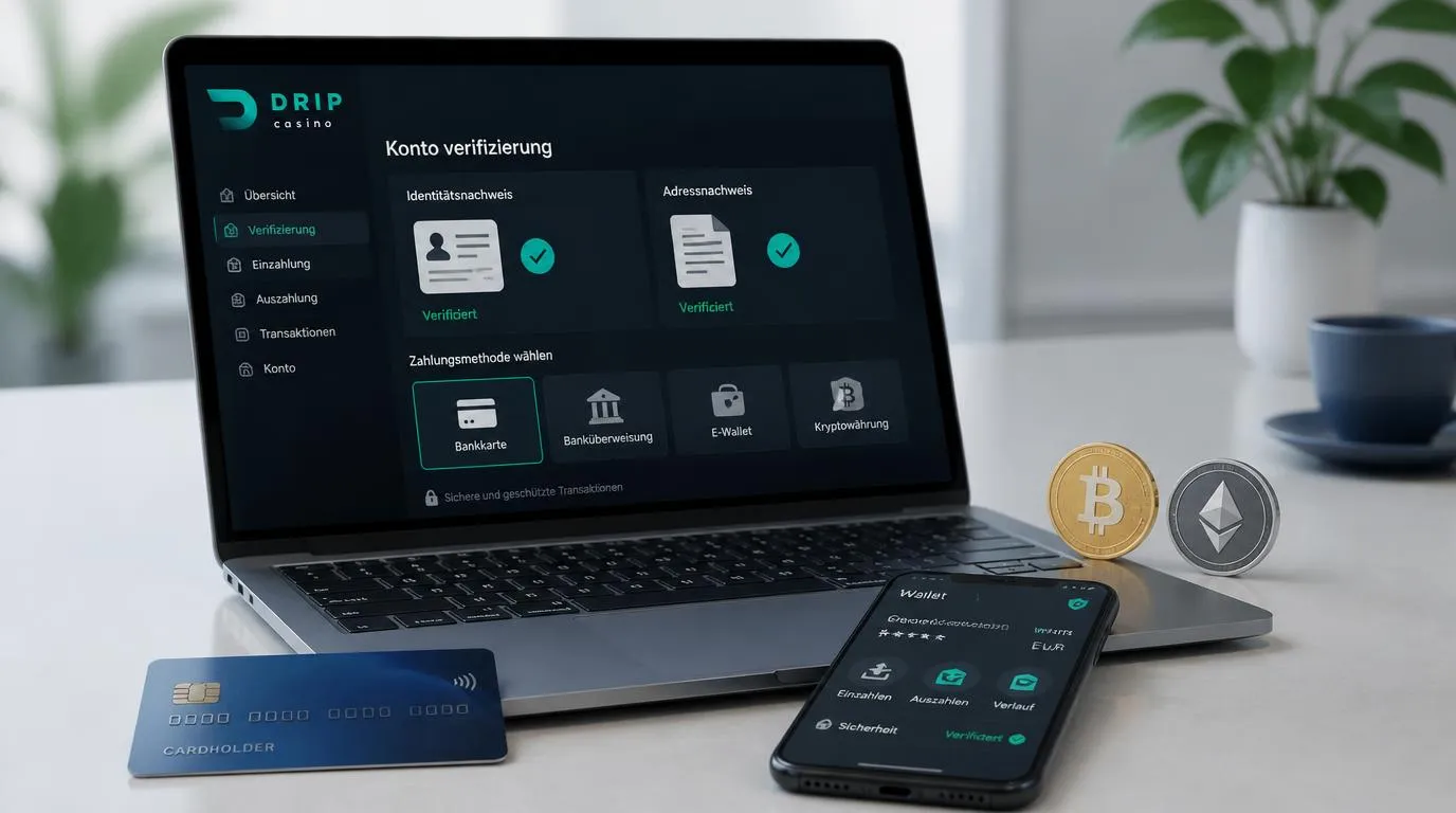 Casino-Konto mit Ausweisprüfung, Adressnachweis und sicheren Zahlungsoptionen auf einem Laptop