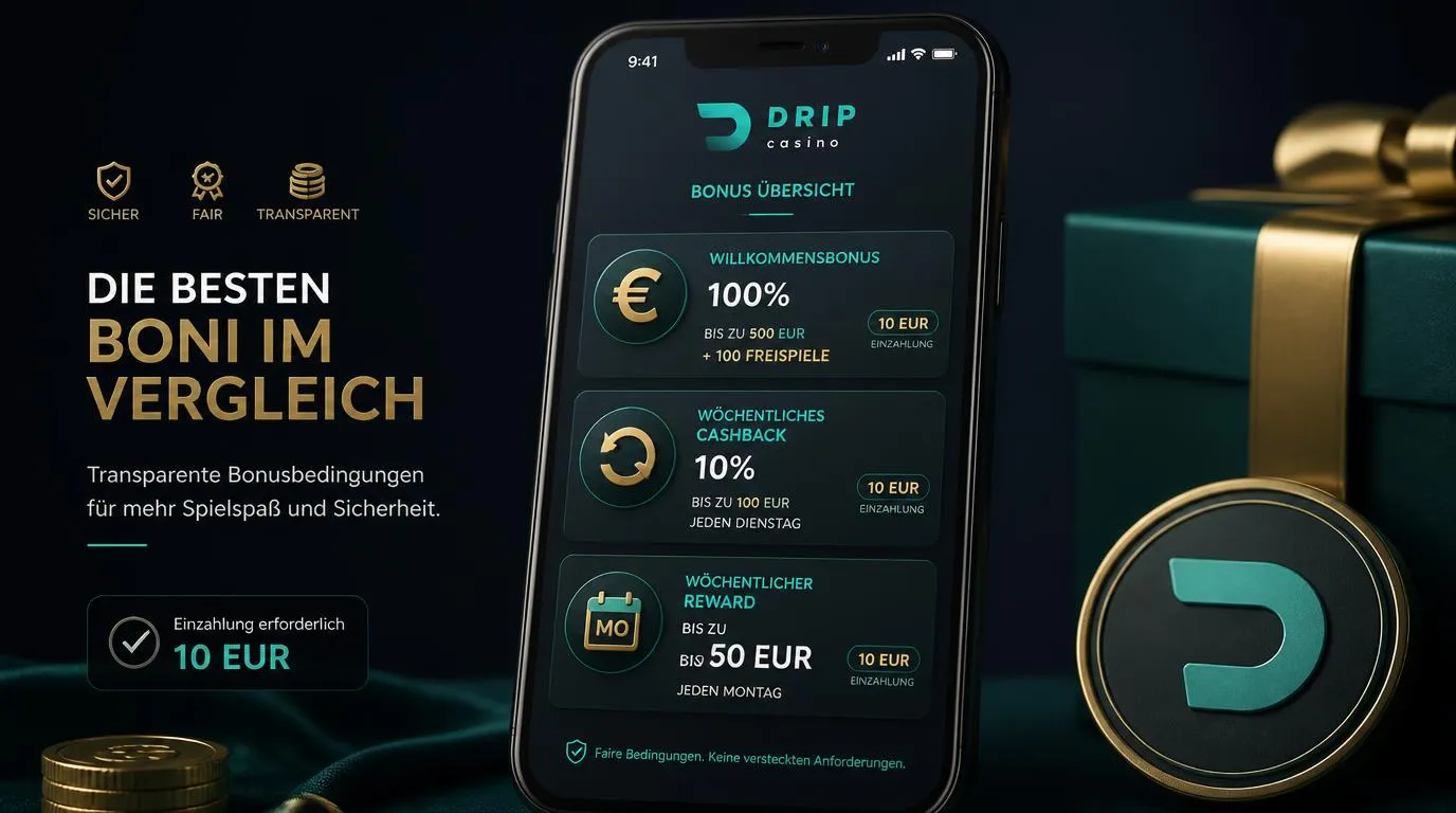 Bonusübersicht mit Willkommensangebot, Cashback und wöchentlicher Prämie in einer Casino-App