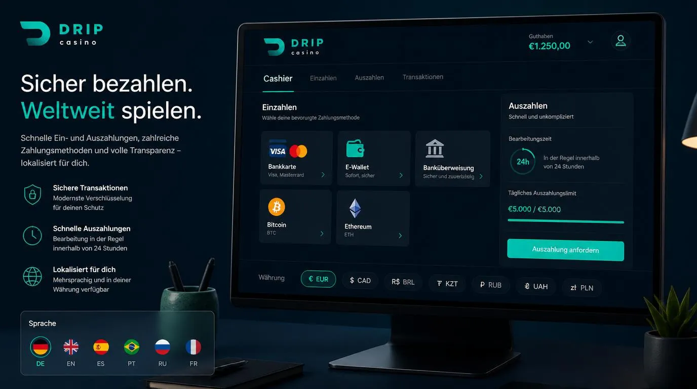 Übersichtliche Casino-Kasse mit Karten, E-Wallets, Banküberweisung und Kryptowährungen in Euro