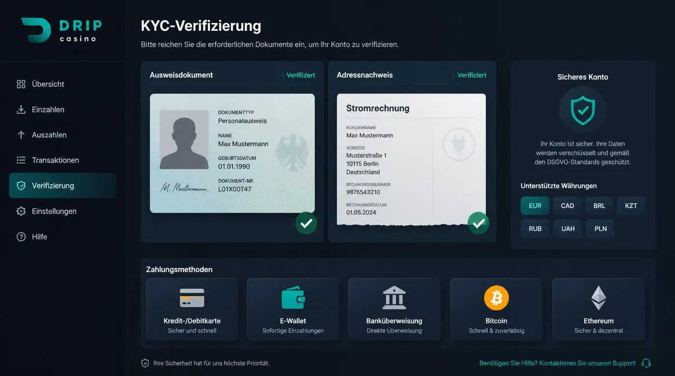 KYC-Formular mit Ausweis, Adressnachweis und bestätigten Zahlungsoptionen für die Kontoaktivierung