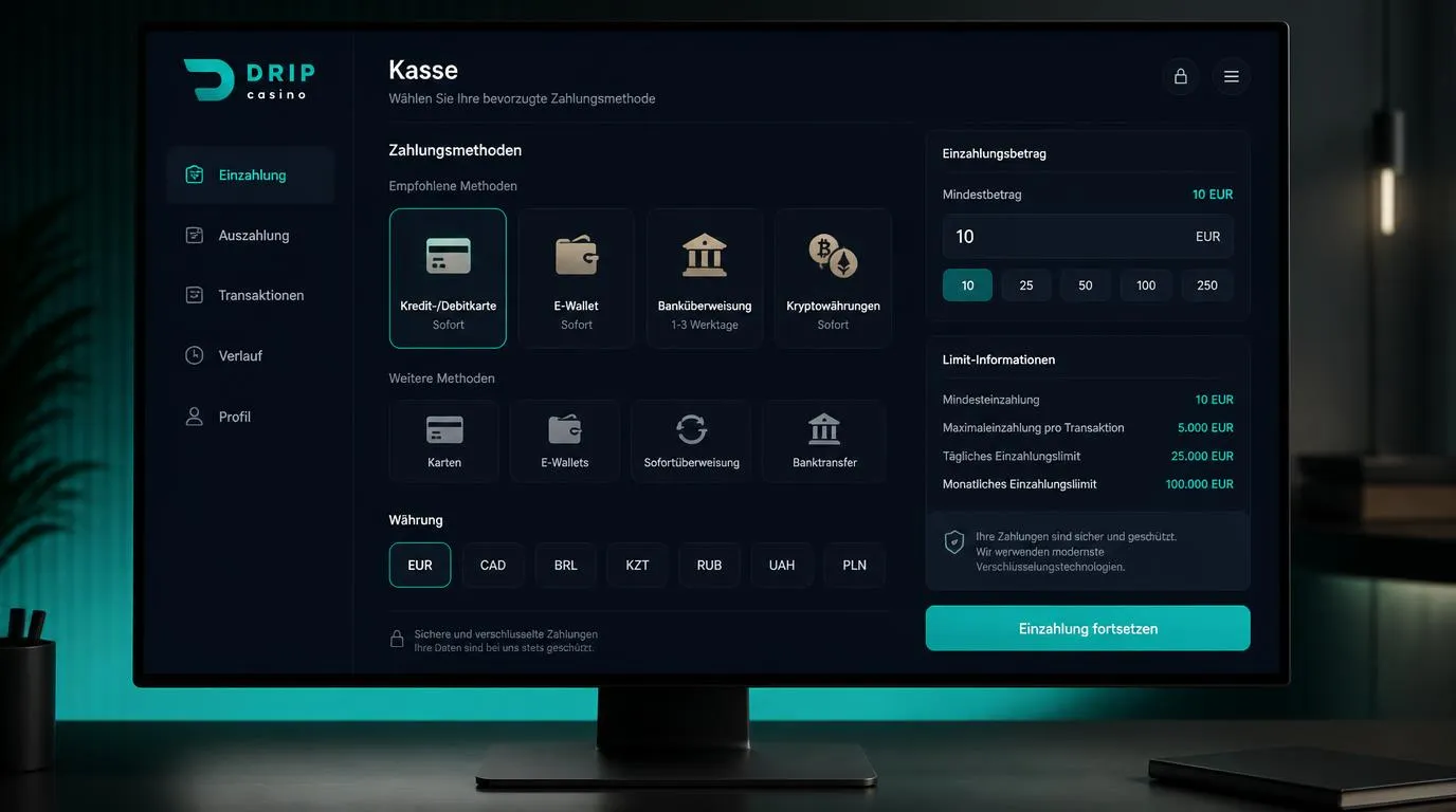 Casino-Kassenansicht mit Zahlungsarten, 10-EUR-Mindestbetrag und Auswahl der Kontowährung