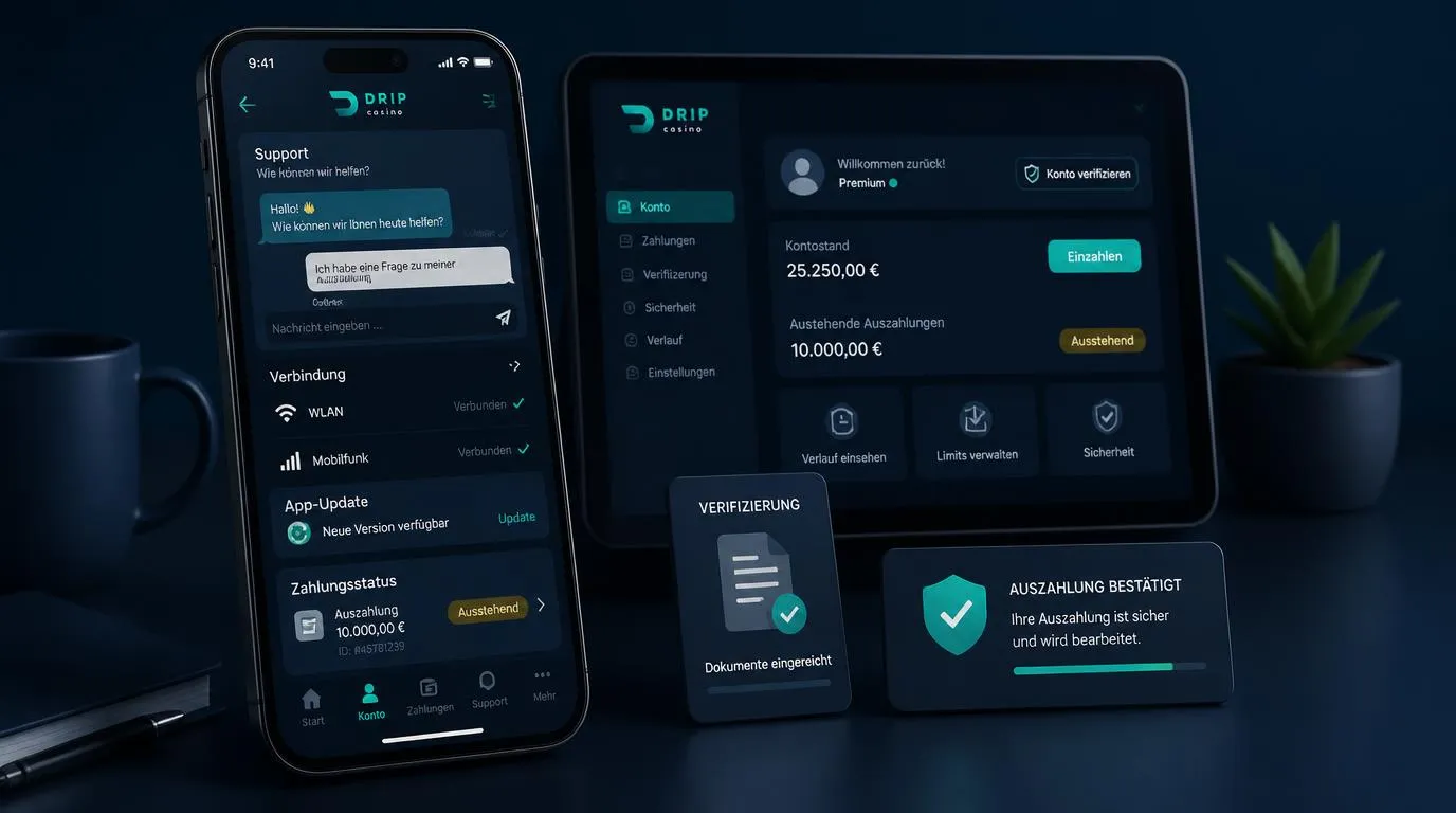 Smartphone mit Hilfe-Chat, WLAN-Symbol und Zahlungsstatus für mobile Casino-Probleme