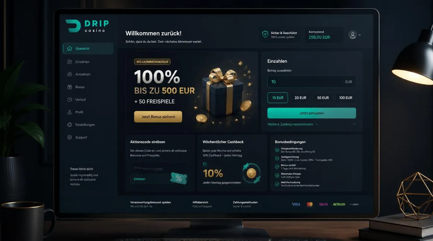 Bonusbereich eines Online-Casinos mit Willkommensangebot, Einzahlung und aktivierter wöchentlicher Rückvergütung