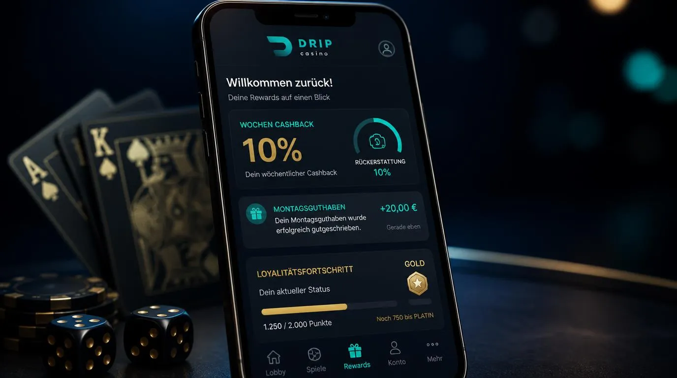 Casino-App mit Wochenprämie, Cashback-Anzeige und montäglicher Gutschrift